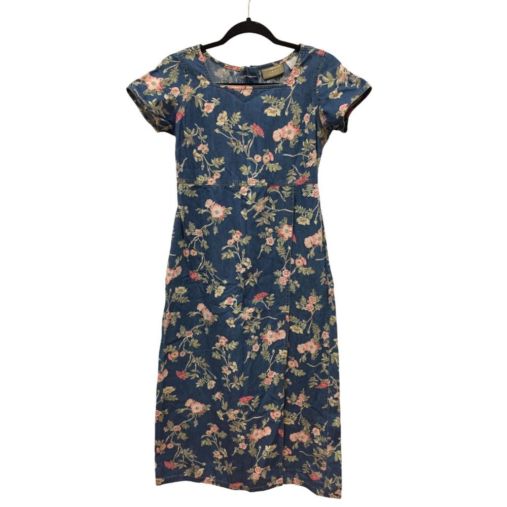 Liz Claiborne Midi‎ Floral Dress Blue Womens Size 4P Short Sleeve Square Neck